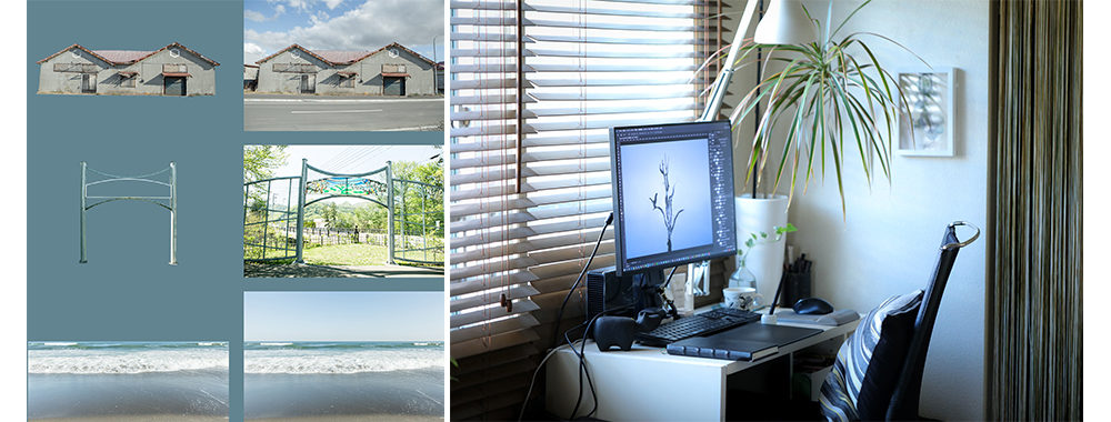 左：作品に使用している素材の一部。 古い倉庫、公園のアーチ、北海道の海の風景の切り抜き前後。右：自宅でのPC作業スペース。Adobe Photoshopを使用して制作している。